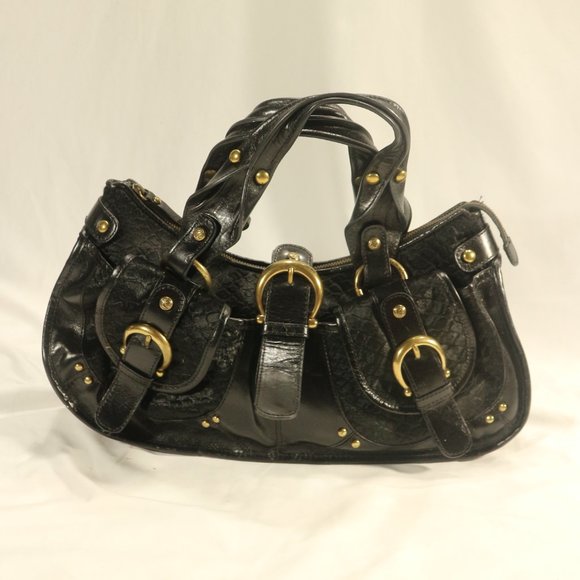 Vtg Kate Landry Black Cow Hair Gold Buckle Purse - Picture 1 of 11
